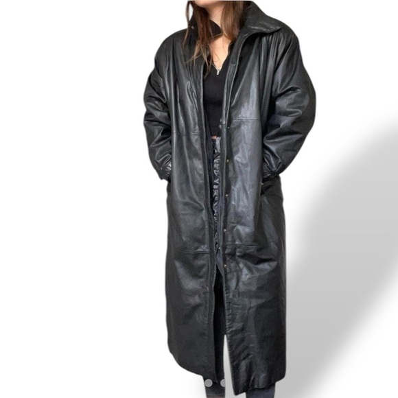 Eddie Bauer Rare Find Vintage Long Black Leather Coat Medium Snap Front Closure - Picture 1 of 13
